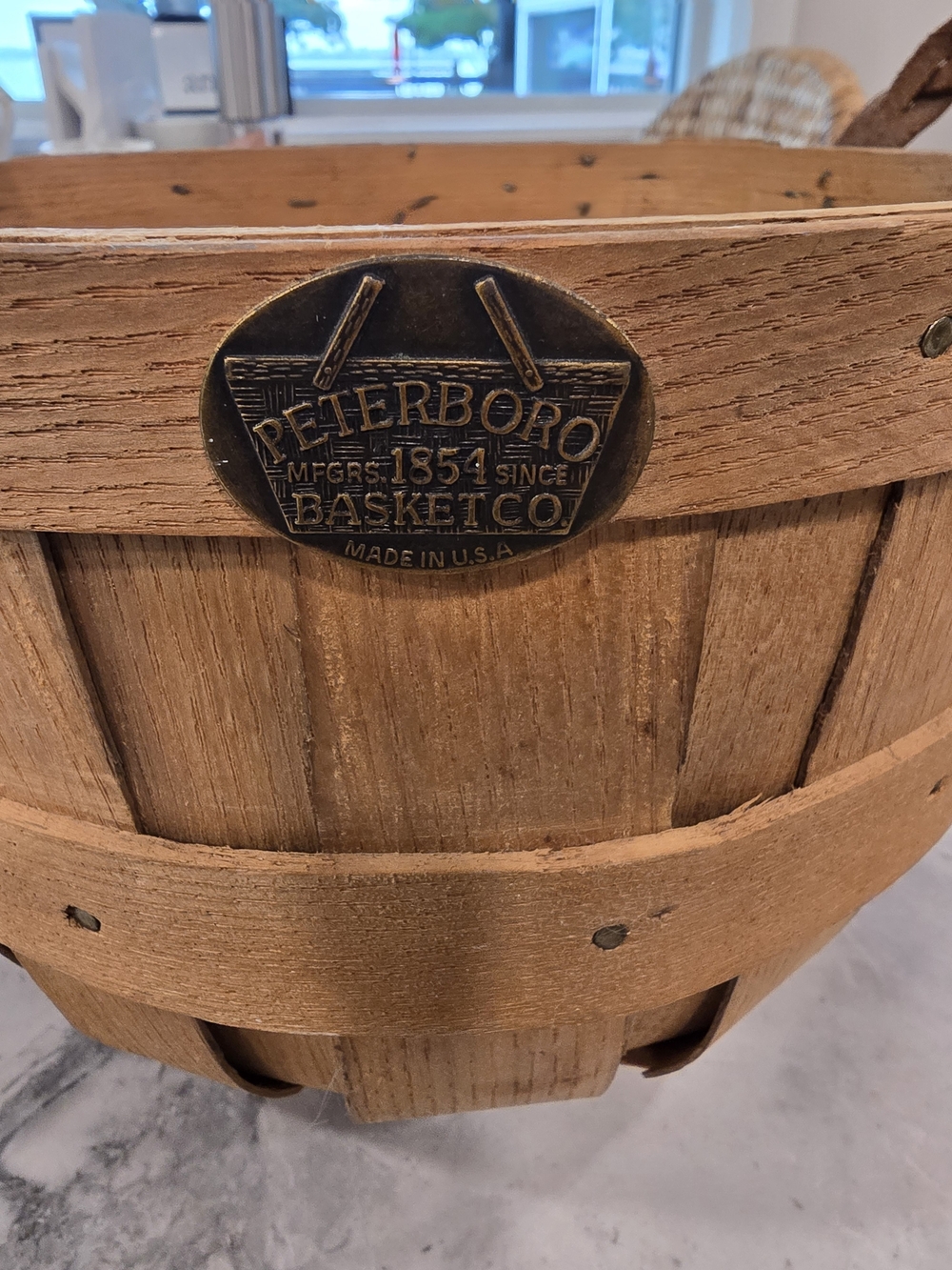 Vintage Peterboro Basket Co. 9" Round Wooden Basket with Braided Leather Handles